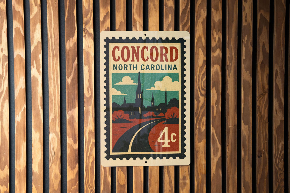 Concord North Carolina Metal Sign – Retro Postage Stamp Design Featuring Historic Landmarks and City Name — photo 3