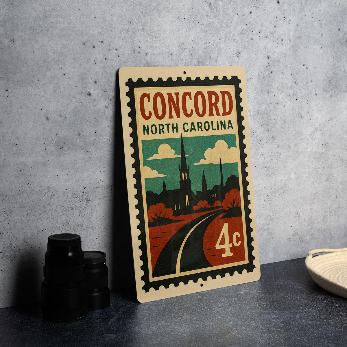 Concord North Carolina Metal Sign – Retro Postage Stamp Design Featuring Historic Landmarks and City Name — photo 4