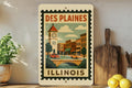 Des Plaines Illinois Metal Sign Featuring Vintage Postage Stamp Design with City Landmark and Scenic Elements — photo 1