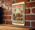 Des Plaines Illinois Metal Sign Featuring Vintage Postage Stamp Design with City Landmark and Scenic Elements — photo 2