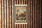 Des Plaines Illinois Metal Sign Featuring Vintage Postage Stamp Design with City Landmark and Scenic Elements — photo 3