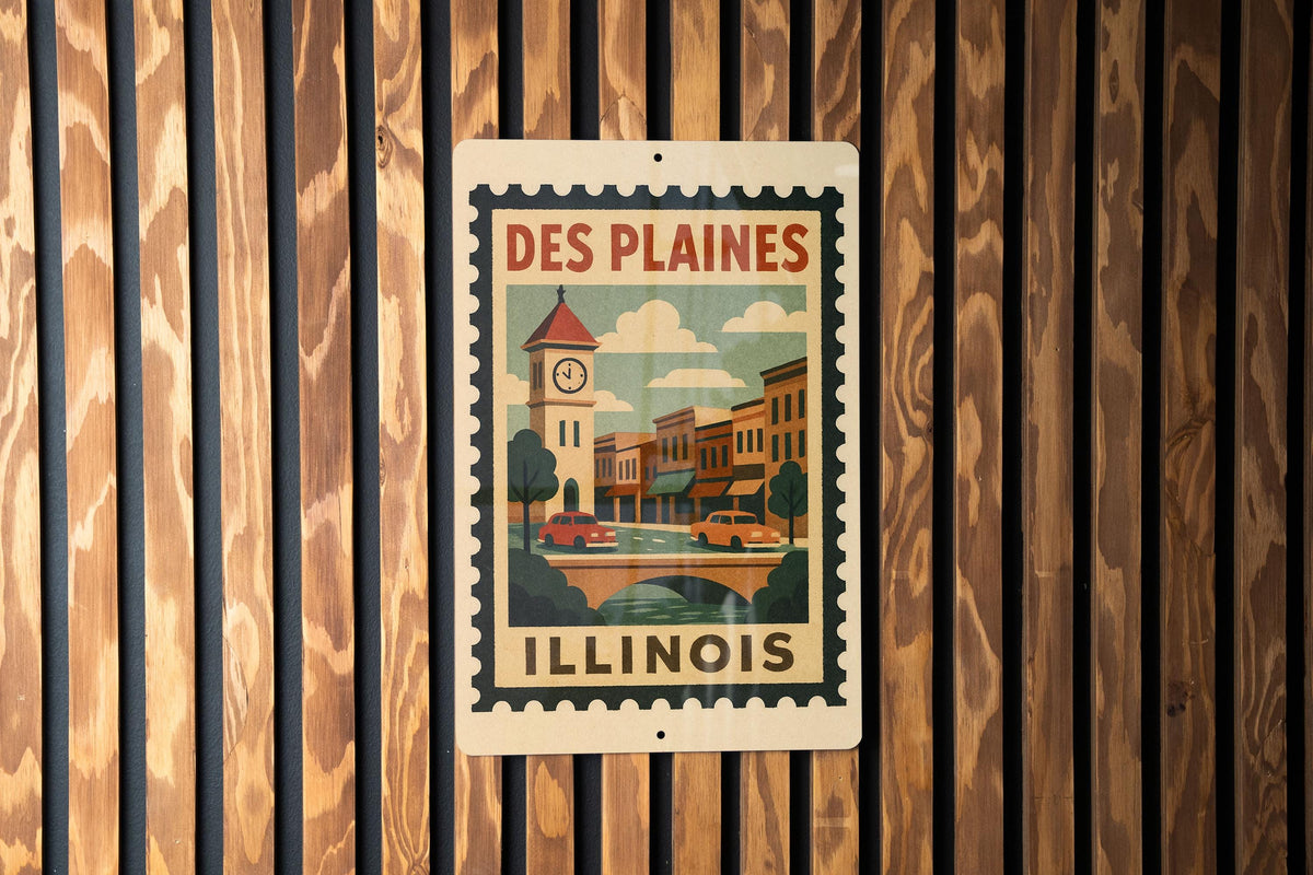 Des Plaines Illinois Metal Sign Featuring Vintage Postage Stamp Design with City Landmark and Scenic Elements — photo 3