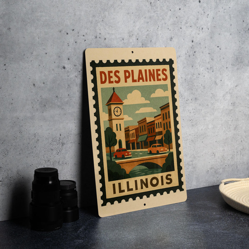 Des Plaines Illinois Metal Sign Featuring Vintage Postage Stamp Design with City Landmark and Scenic Elements — photo 4