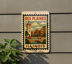 Des Plaines Illinois Metal Sign Featuring Vintage Postage Stamp Design with City Landmark and Scenic Elements — photo 5