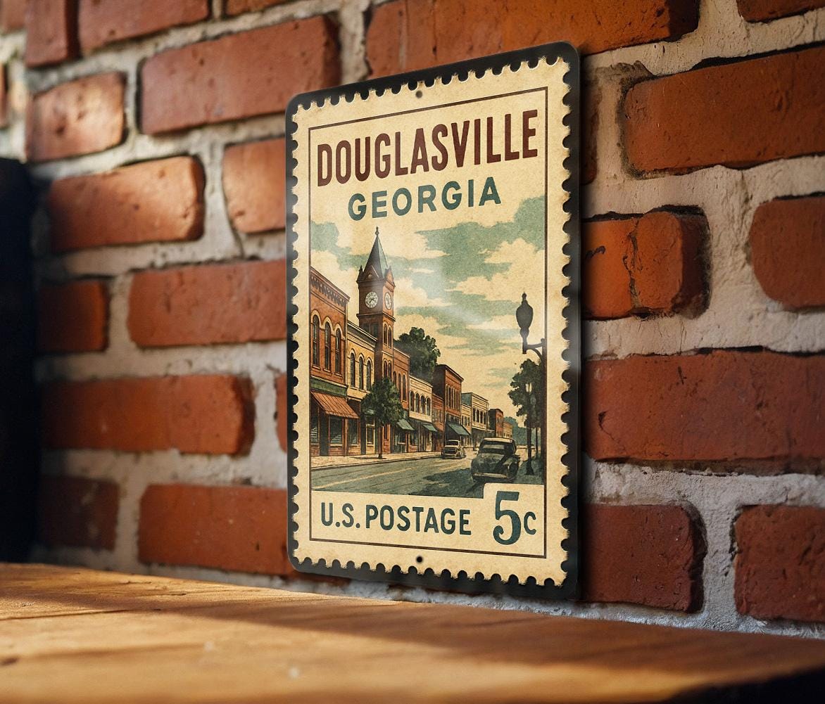 Douglasville Georgia Metal Sign – Retro Postage Stamp Design Featuring City Landmarks and Southern Charm Decor — photo 1