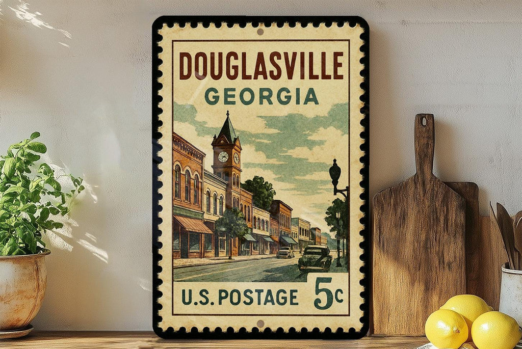 Douglasville Georgia Metal Sign – Retro Postage Stamp Design Featuring City Landmarks and Southern Charm Decor — photo 2
