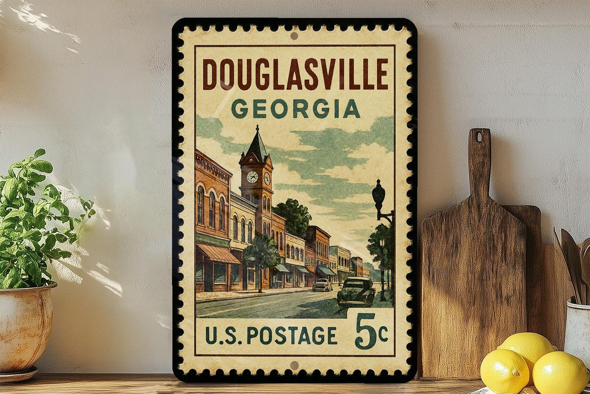 Douglasville Georgia Metal Sign – Retro Postage Stamp Design Featuring City Landmarks and Southern Charm Decor — photo 2
