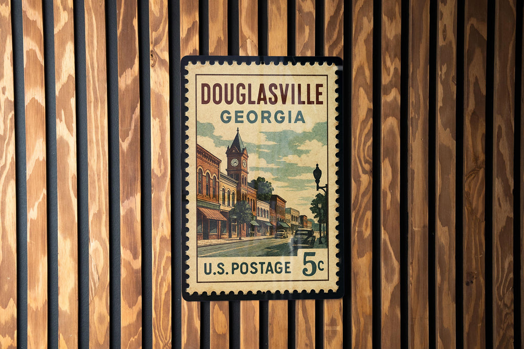 Douglasville Georgia Metal Sign – Retro Postage Stamp Design Featuring City Landmarks and Southern Charm Decor — photo 3
