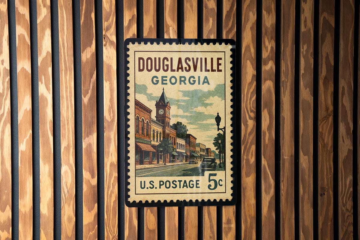 Douglasville Georgia Metal Sign – Retro Postage Stamp Design Featuring City Landmarks and Southern Charm Decor — photo 3