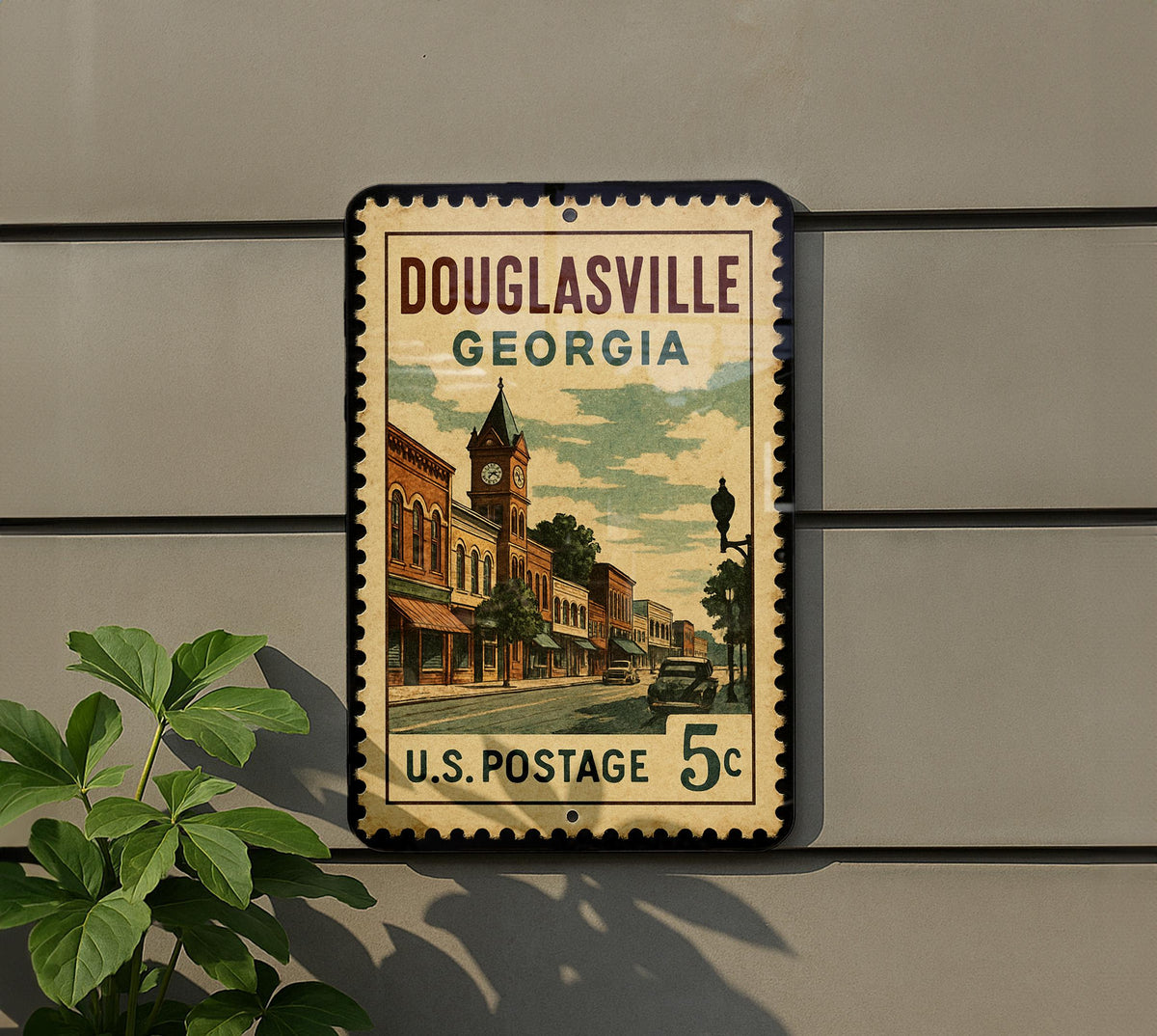 Douglasville Georgia Metal Sign – Retro Postage Stamp Design Featuring City Landmarks and Southern Charm Decor — photo 5