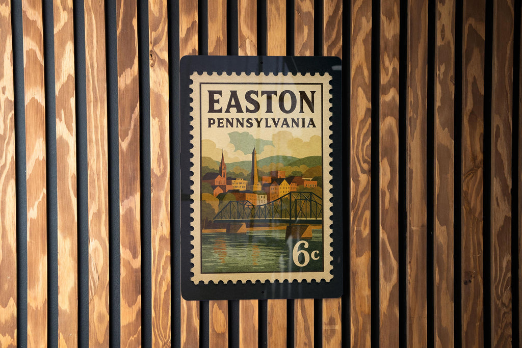 Easton Pennsylvania Metal Sign Featuring Retro Postage Stamp Design with City Landmarks and Historic Elements — photo 1