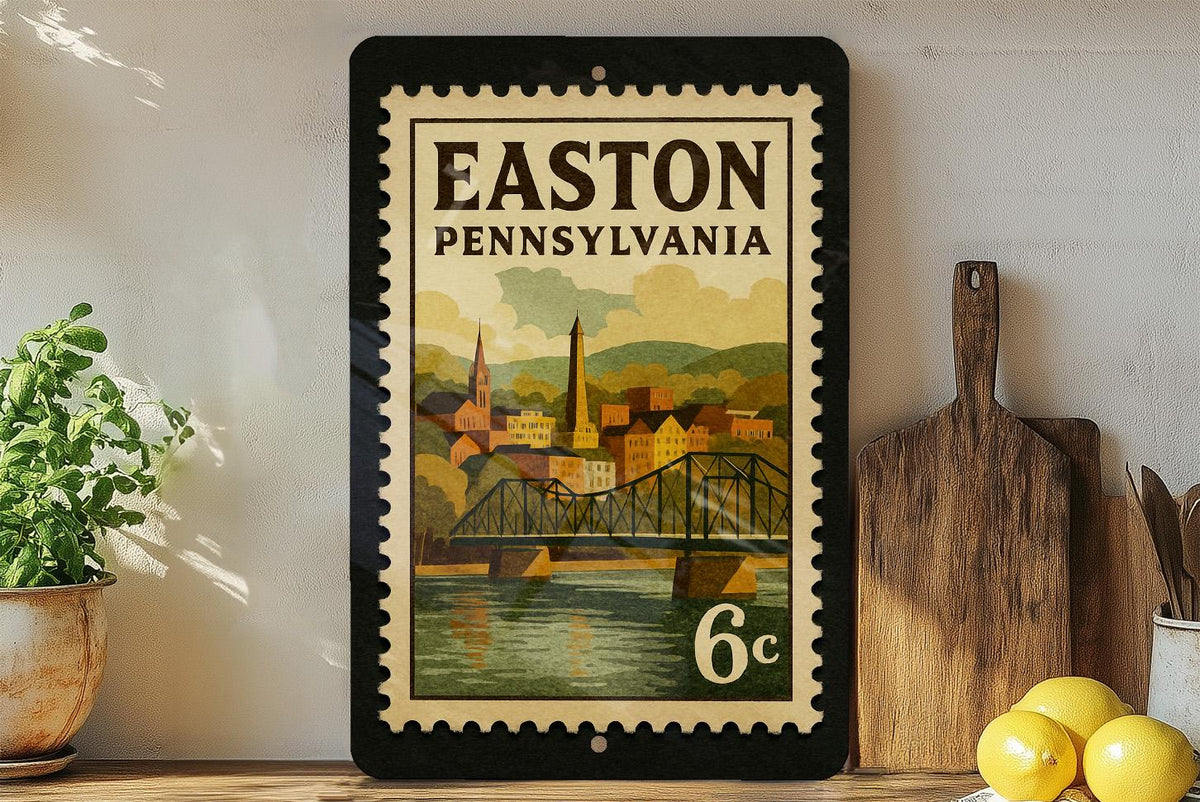 Easton Pennsylvania Metal Sign Featuring Retro Postage Stamp Design with City Landmarks and Historic Elements — photo 2