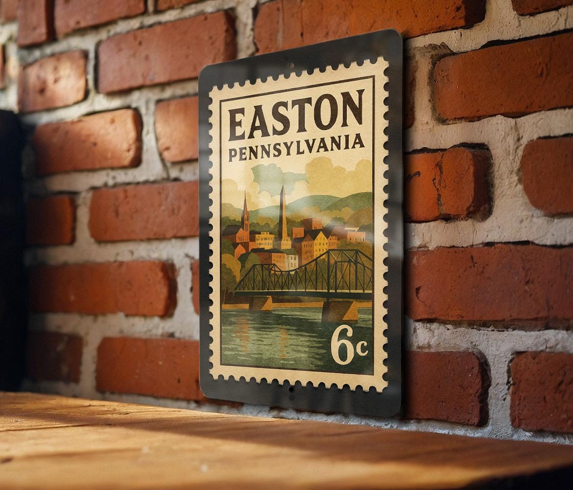 Easton Pennsylvania Metal Sign Featuring Retro Postage Stamp Design with City Landmarks and Historic Elements — photo 3