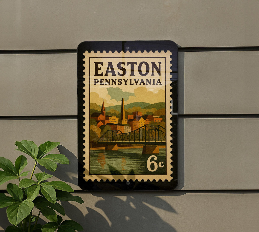 Easton Pennsylvania Metal Sign Featuring Retro Postage Stamp Design with City Landmarks and Historic Elements — photo 5