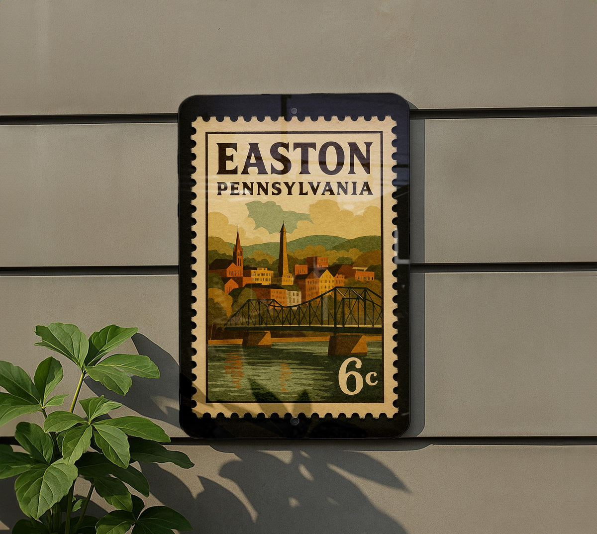 Easton Pennsylvania Metal Sign Featuring Retro Postage Stamp Design with City Landmarks and Historic Elements — photo 5