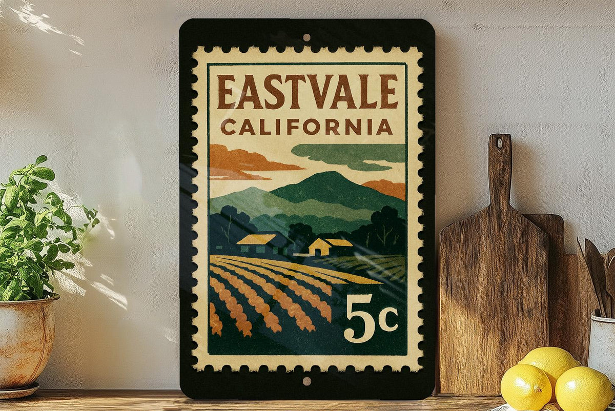 Eastvale California Metal Sign – Retro Postage Stamp Design Featuring Cityscape and Vintage Travel Theme — photo 2