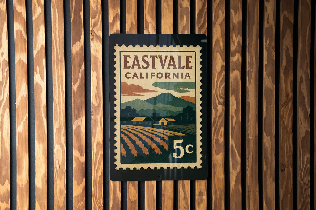 Eastvale California Metal Sign – Retro Postage Stamp Design Featuring Cityscape and Vintage Travel Theme — photo 3