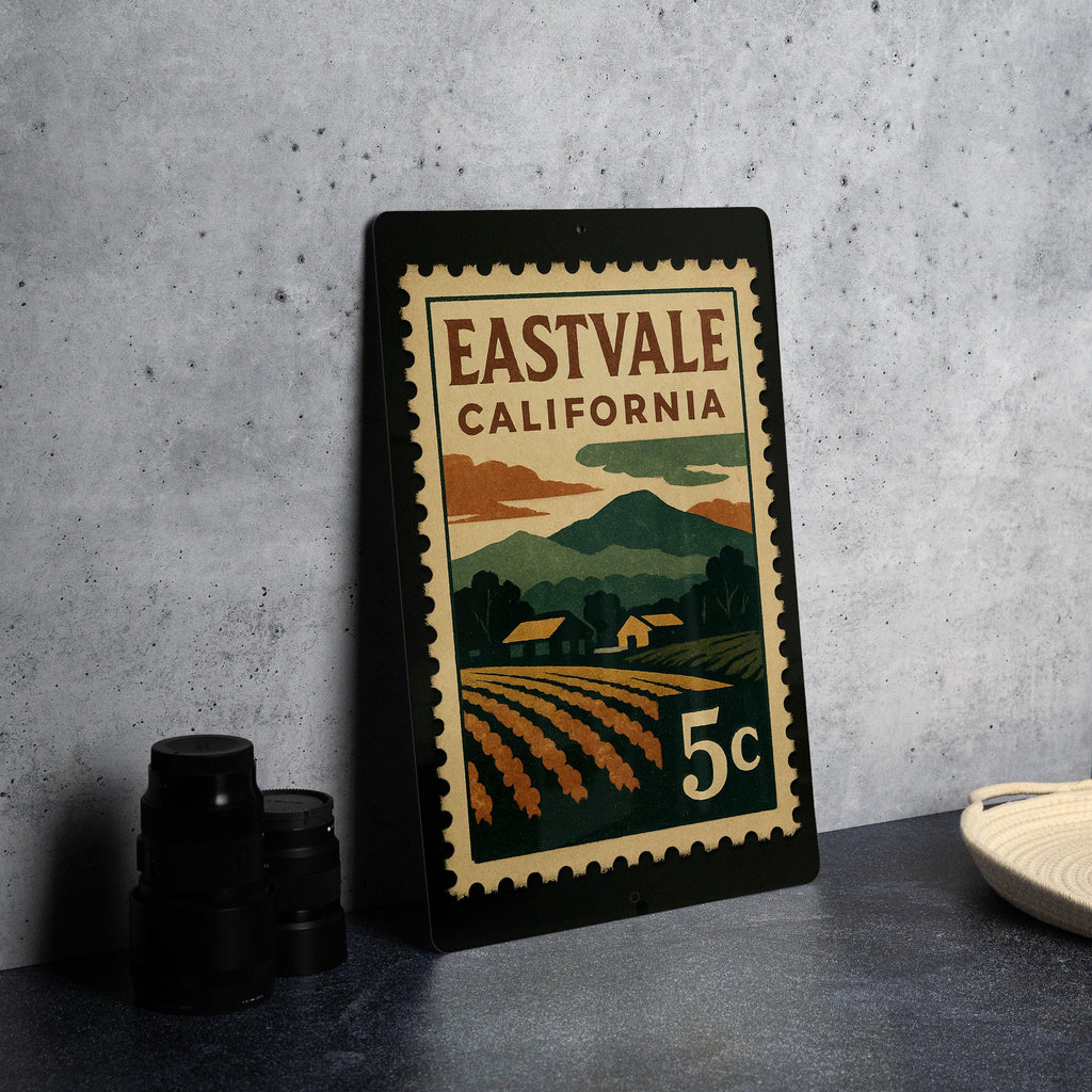 Eastvale California Metal Sign – Retro Postage Stamp Design Featuring Cityscape and Vintage Travel Theme — photo 4