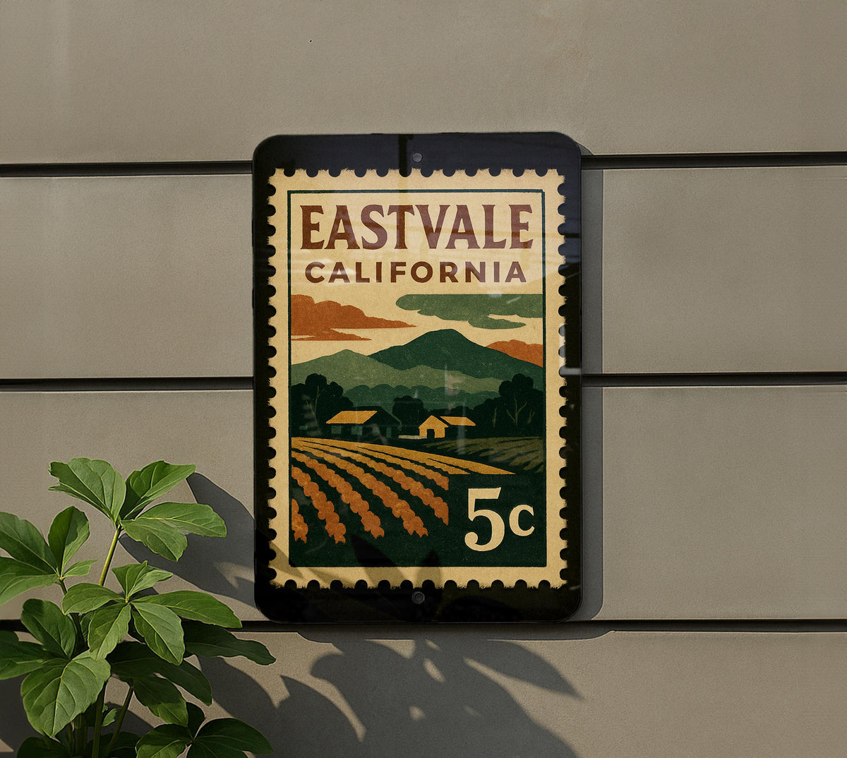 Eastvale California Metal Sign – Retro Postage Stamp Design Featuring Cityscape and Vintage Travel Theme — photo 5