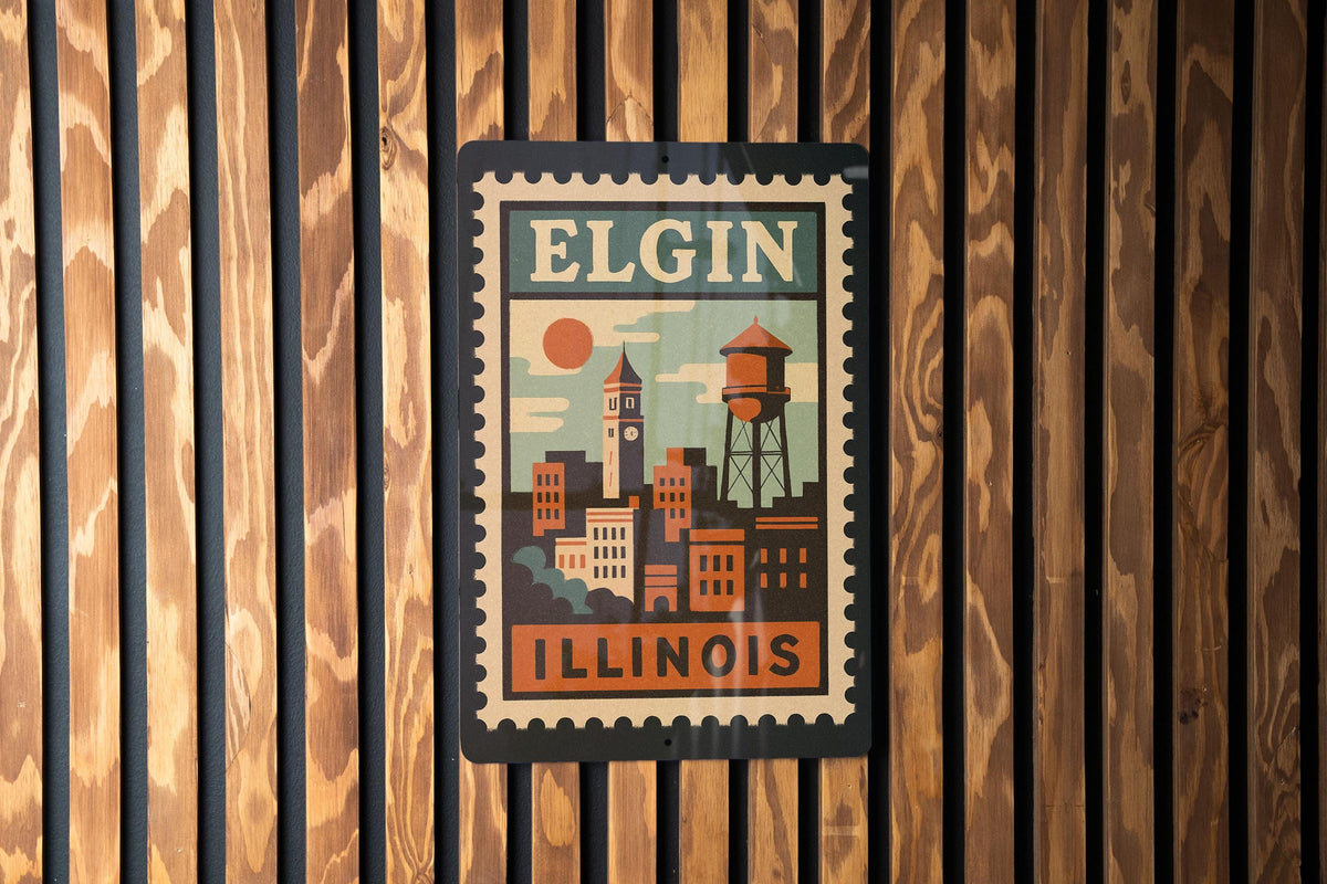 Elgin Illinois Metal Sign – Retro Postage Stamp Design Featuring Historic Cityscape and Iconic Landmarks — photo 1