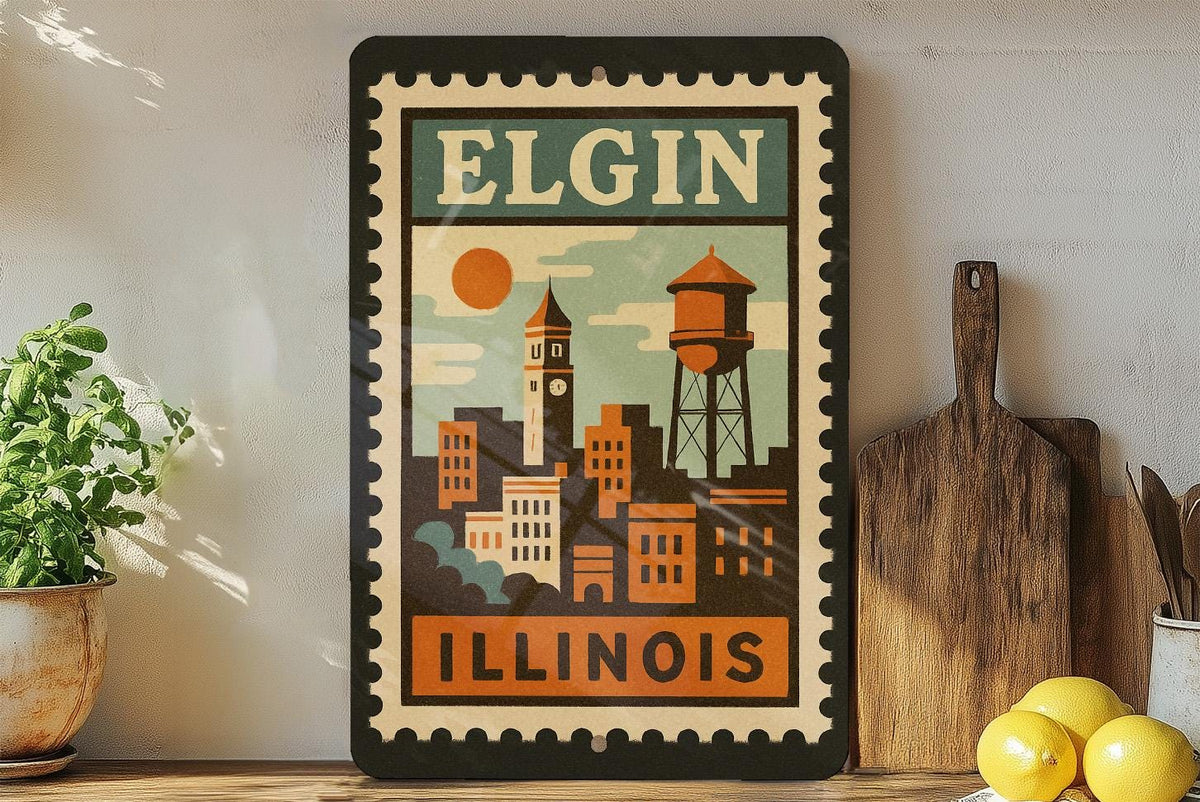 Elgin Illinois Metal Sign – Retro Postage Stamp Design Featuring Historic Cityscape and Iconic Landmarks — photo 2