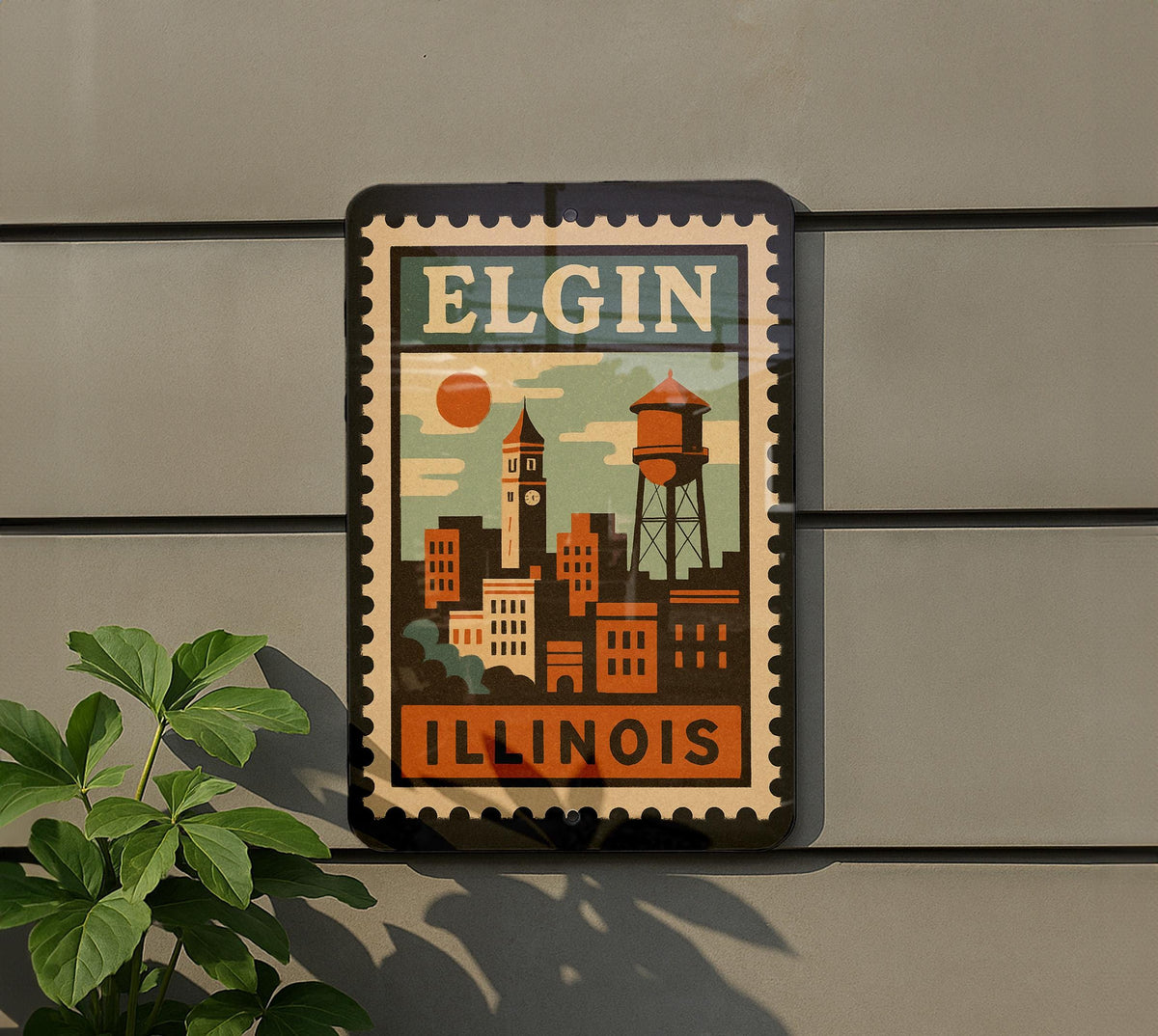 Elgin Illinois Metal Sign – Retro Postage Stamp Design Featuring Historic Cityscape and Iconic Landmarks — photo 5