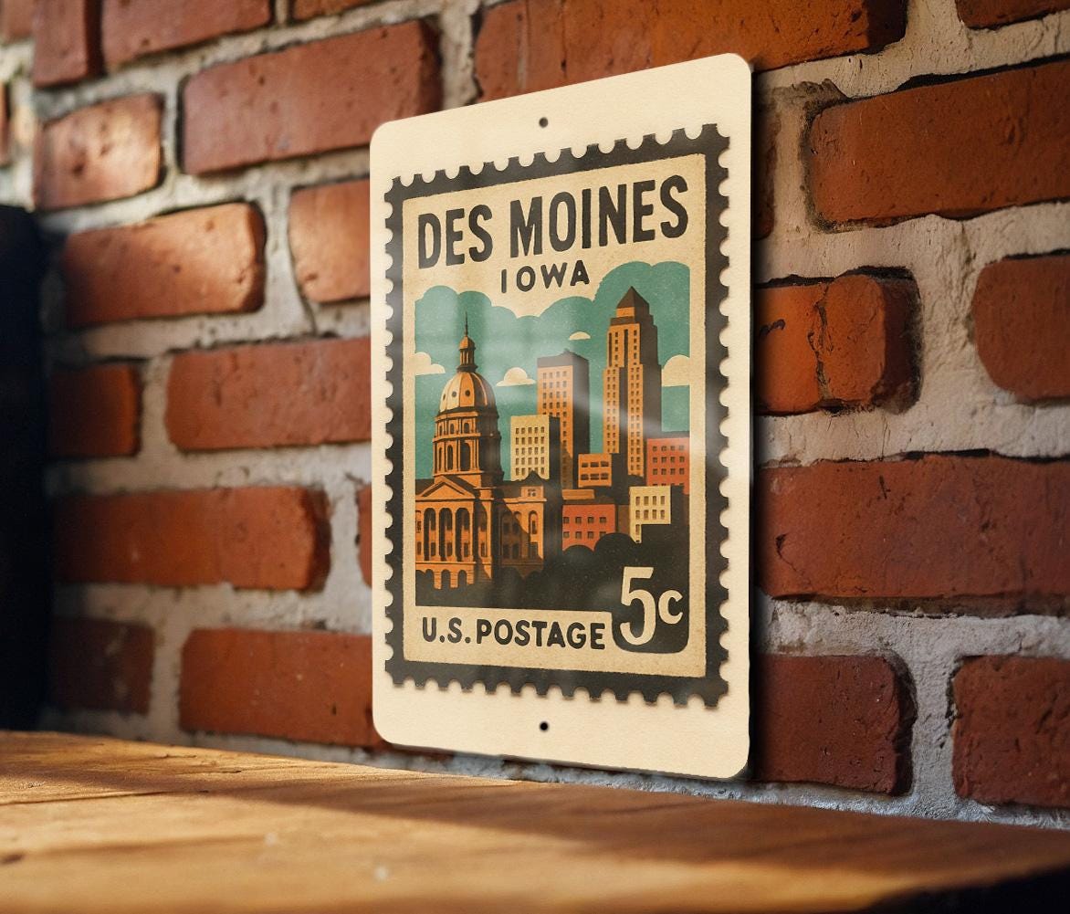Des Moines Iowa Metal Sign – Retro Postage Stamp Design Featuring City Landmarks and Midwest Travel Theme — photo 1