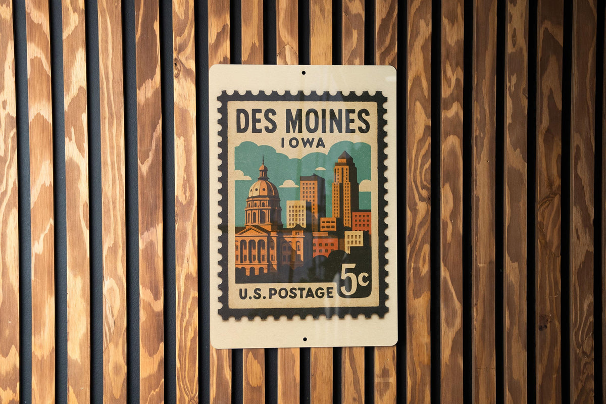 Des Moines Iowa Metal Sign – Retro Postage Stamp Design Featuring City Landmarks and Midwest Travel Theme — photo 2