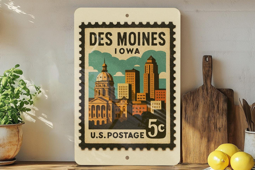 Des Moines Iowa Metal Sign – Retro Postage Stamp Design Featuring City Landmarks and Midwest Travel Theme — photo 3
