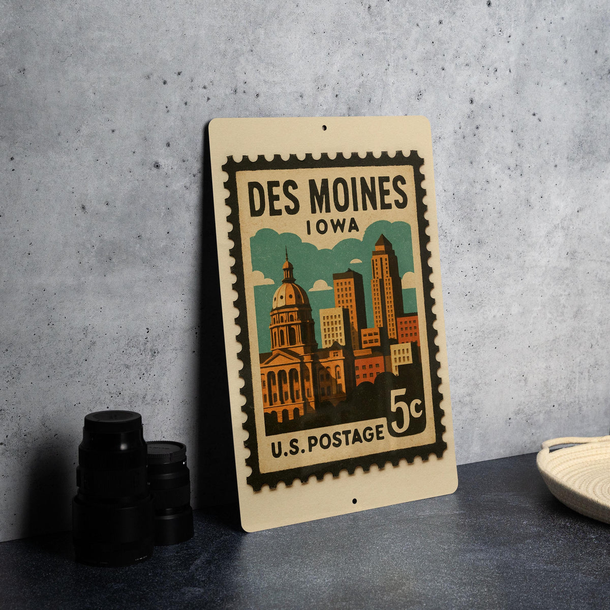 Des Moines Iowa Metal Sign – Retro Postage Stamp Design Featuring City Landmarks and Midwest Travel Theme — photo 4