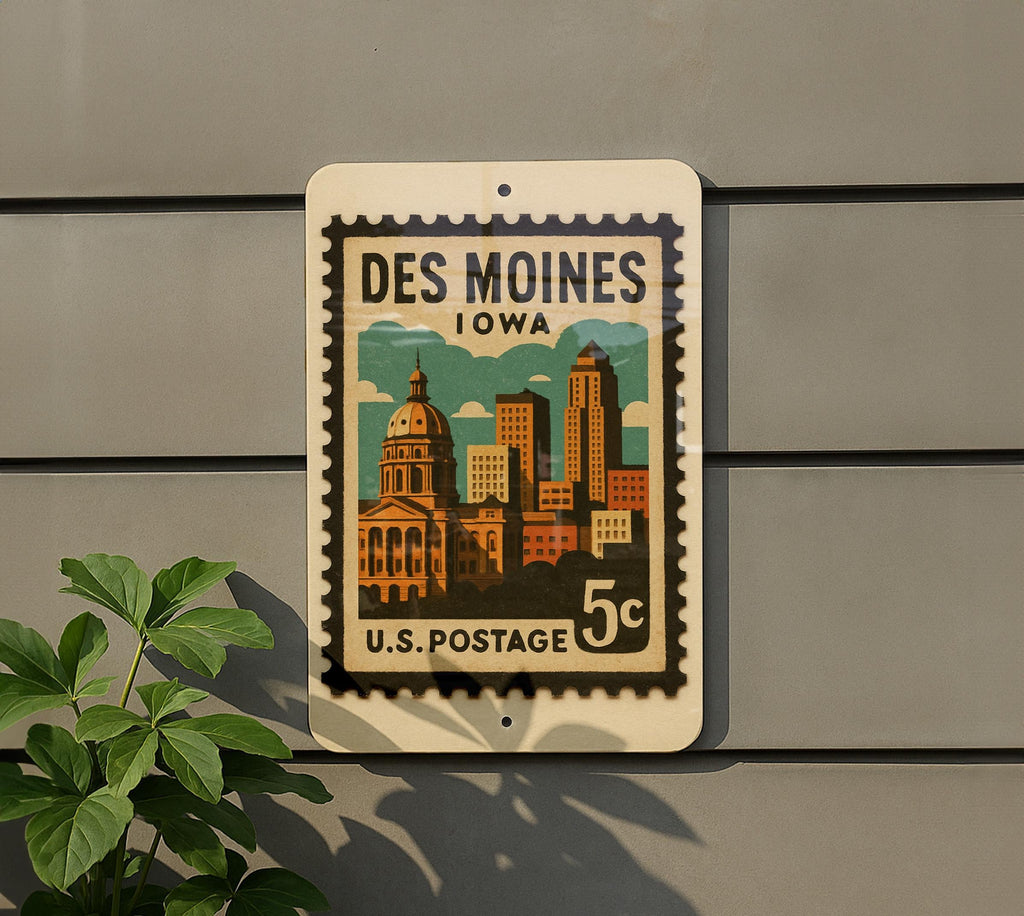 Des Moines Iowa Metal Sign – Retro Postage Stamp Design Featuring City Landmarks and Midwest Travel Theme — photo 5