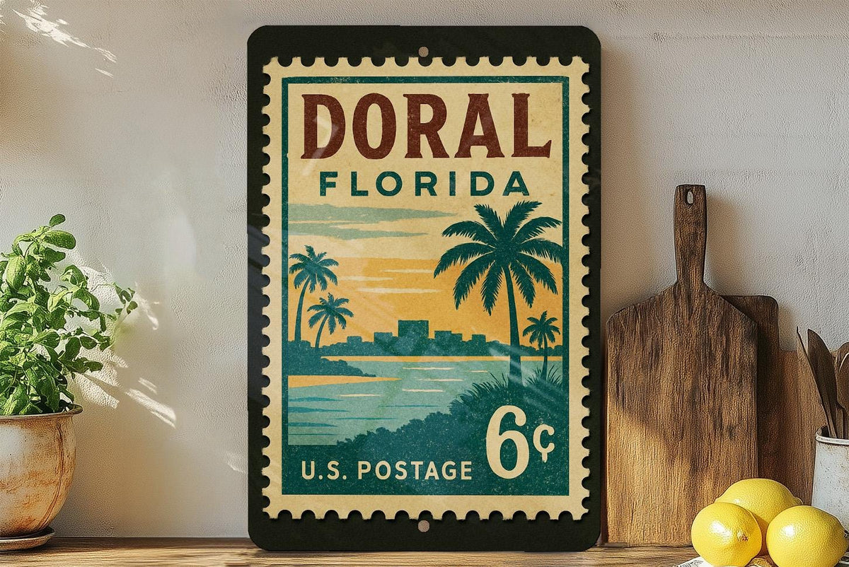 Doral Florida Postage Stamp Metal Sign – Vintage-Inspired Travel Art Featuring Iconic Doral Landmarks — photo 1