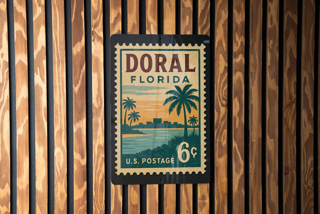 Doral Florida Postage Stamp Metal Sign – Vintage-Inspired Travel Art Featuring Iconic Doral Landmarks — photo 2