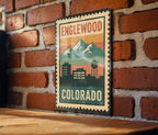 Englewood Colorado Metal Sign – Retro Postage Stamp Design Featuring City Skyline and Iconic Landmarks — photo 2