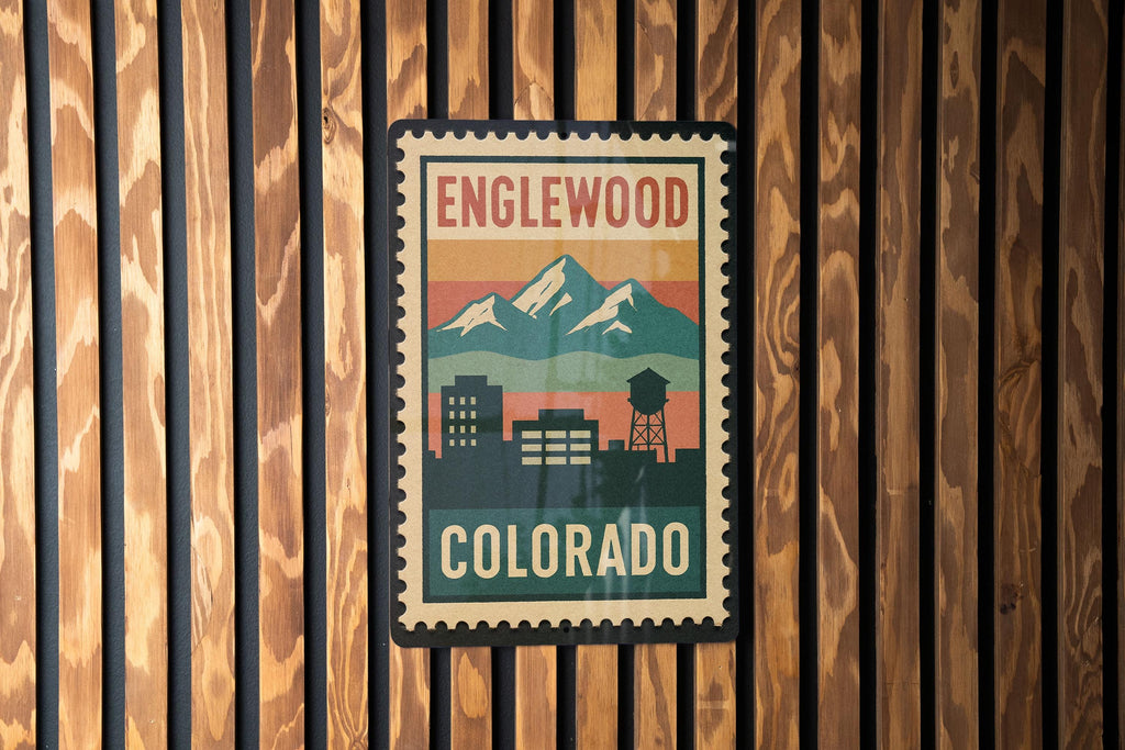 Englewood Colorado Metal Sign – Retro Postage Stamp Design Featuring City Skyline and Iconic Landmarks — photo 3