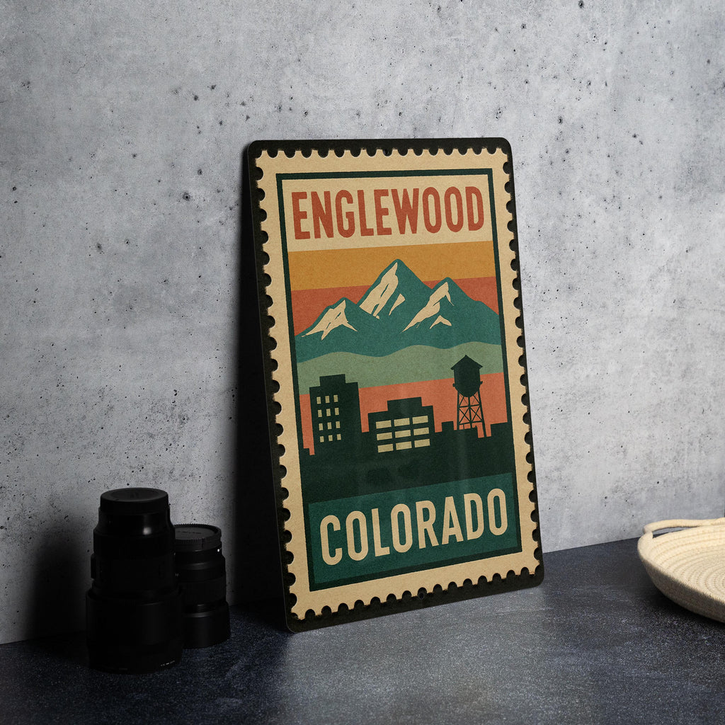 Englewood Colorado Metal Sign – Retro Postage Stamp Design Featuring City Skyline and Iconic Landmarks — photo 4