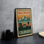 Englewood Colorado Metal Sign – Retro Postage Stamp Design Featuring City Skyline and Iconic Landmarks — photo 4