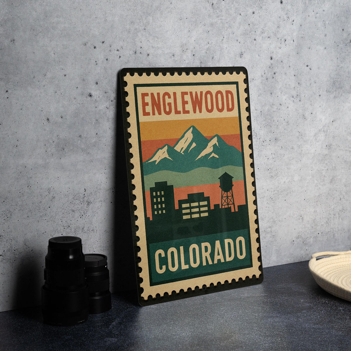 Englewood Colorado Metal Sign – Retro Postage Stamp Design Featuring City Skyline and Iconic Landmarks — photo 4