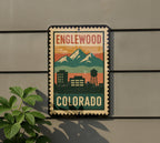 Englewood Colorado Metal Sign – Retro Postage Stamp Design Featuring City Skyline and Iconic Landmarks — photo 5