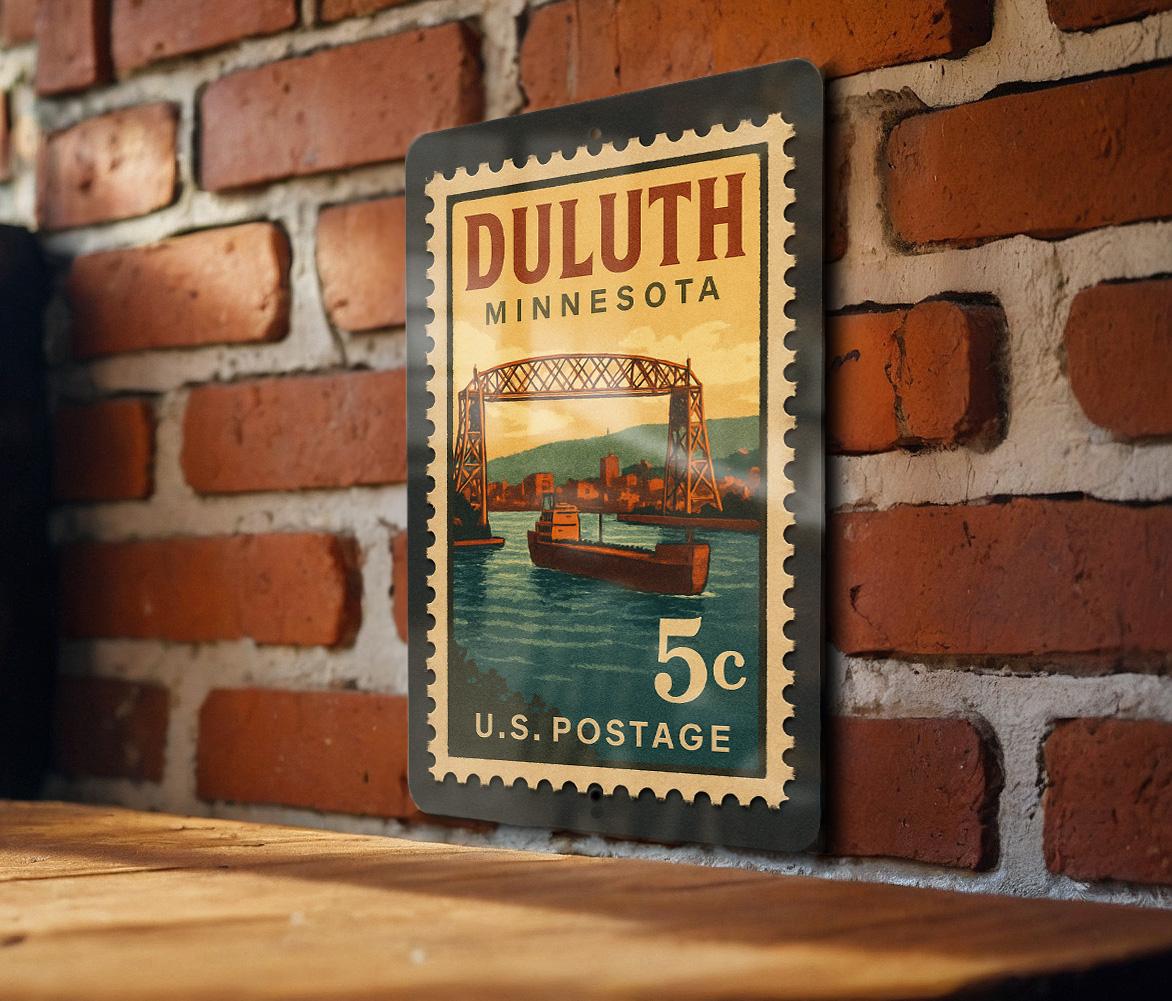Duluth Minnesota Metal Sign – Retro Postage Stamp Design Featuring Lake Superior and Local Landmarks — photo 1
