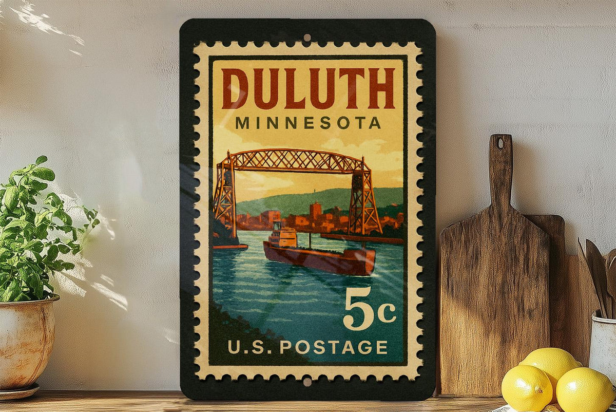 Duluth Minnesota Metal Sign – Retro Postage Stamp Design Featuring Lake Superior and Local Landmarks — photo 3