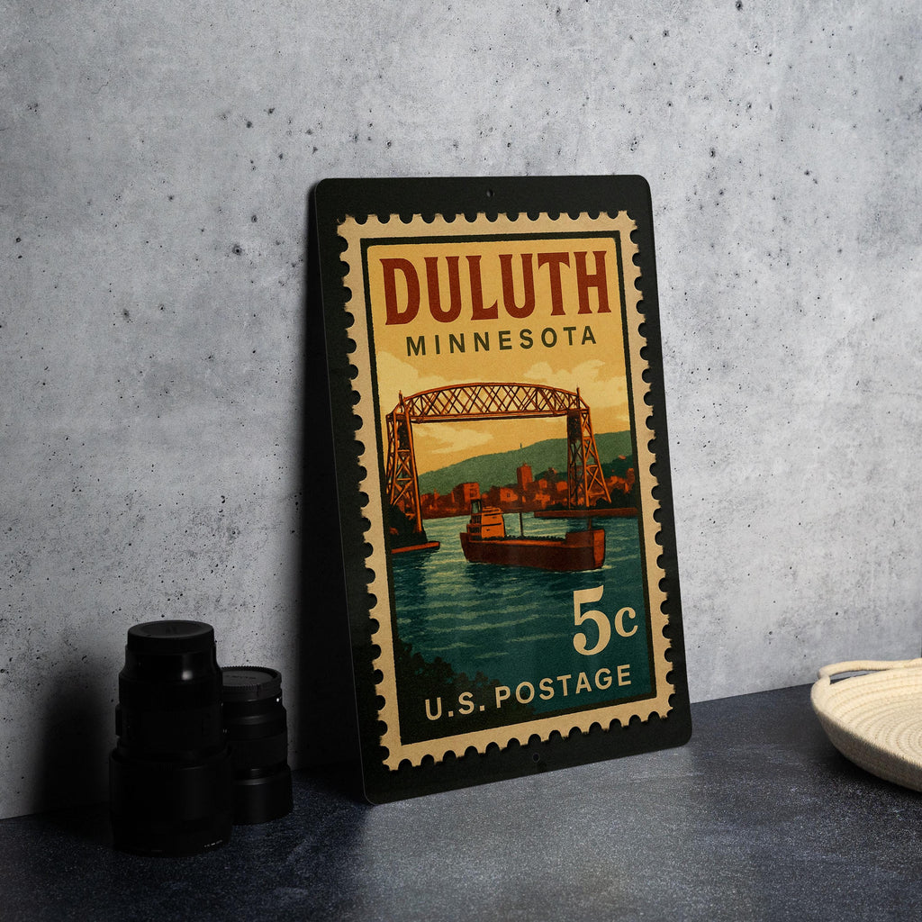 Duluth Minnesota Metal Sign – Retro Postage Stamp Design Featuring Lake Superior and Local Landmarks — photo 4
