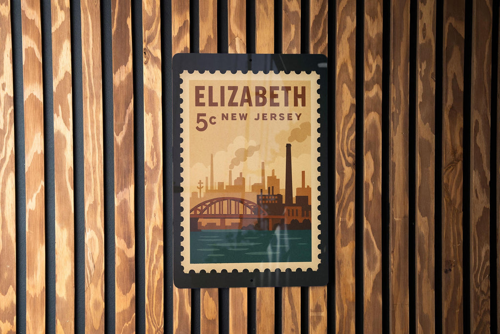 Elizabeth New Jersey Metal Sign – Retro Postage Stamp Design Featuring Cityscape and Historic Landmarks — photo 1