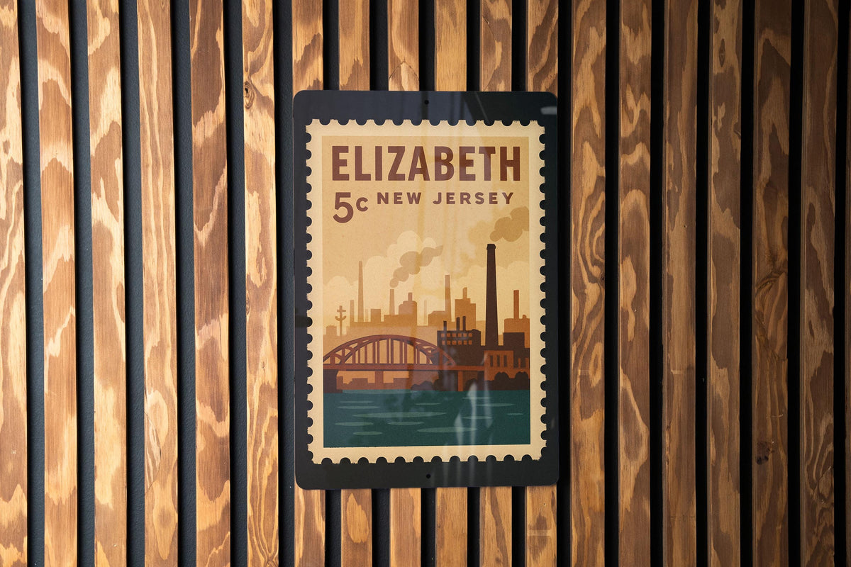 Elizabeth New Jersey Metal Sign – Retro Postage Stamp Design Featuring Cityscape and Historic Landmarks — photo 1