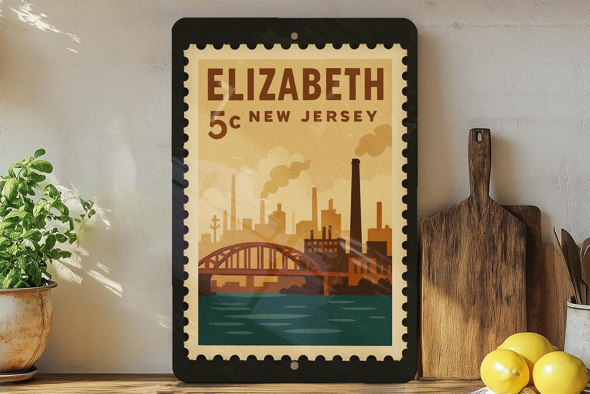 Elizabeth New Jersey Metal Sign – Retro Postage Stamp Design Featuring Cityscape and Historic Landmarks — photo 2