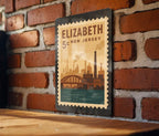 Elizabeth New Jersey Metal Sign – Retro Postage Stamp Design Featuring Cityscape and Historic Landmarks — photo 3