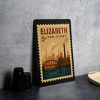 Elizabeth New Jersey Metal Sign – Retro Postage Stamp Design Featuring Cityscape and Historic Landmarks — photo 4
