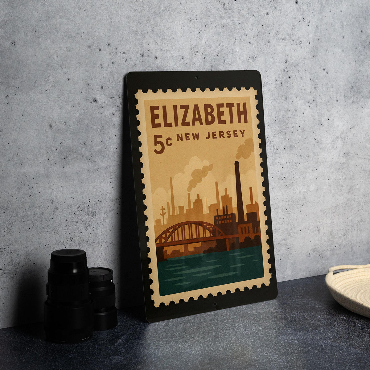 Elizabeth New Jersey Metal Sign – Retro Postage Stamp Design Featuring Cityscape and Historic Landmarks — photo 4