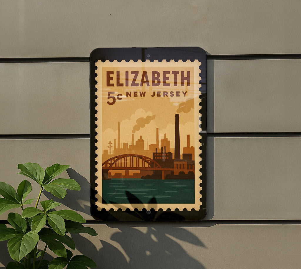 Elizabeth New Jersey Metal Sign – Retro Postage Stamp Design Featuring Cityscape and Historic Landmarks — photo 5