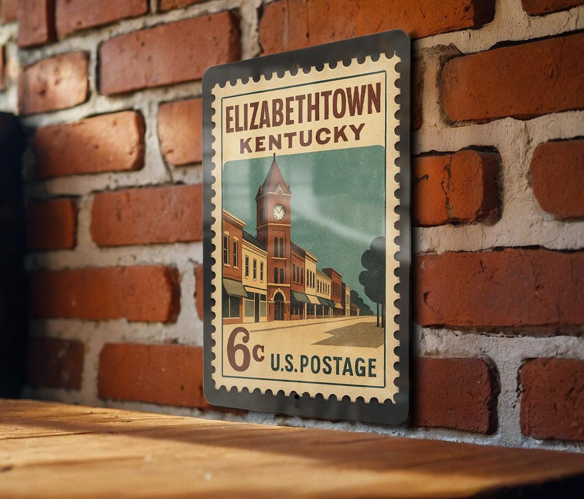 Elizabethtown Kentucky Metal Sign – Retro Postage Stamp Design Featuring Historic Landmarks and City Name Display — photo 1